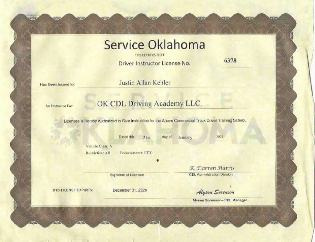 justin kehler driving instructor license